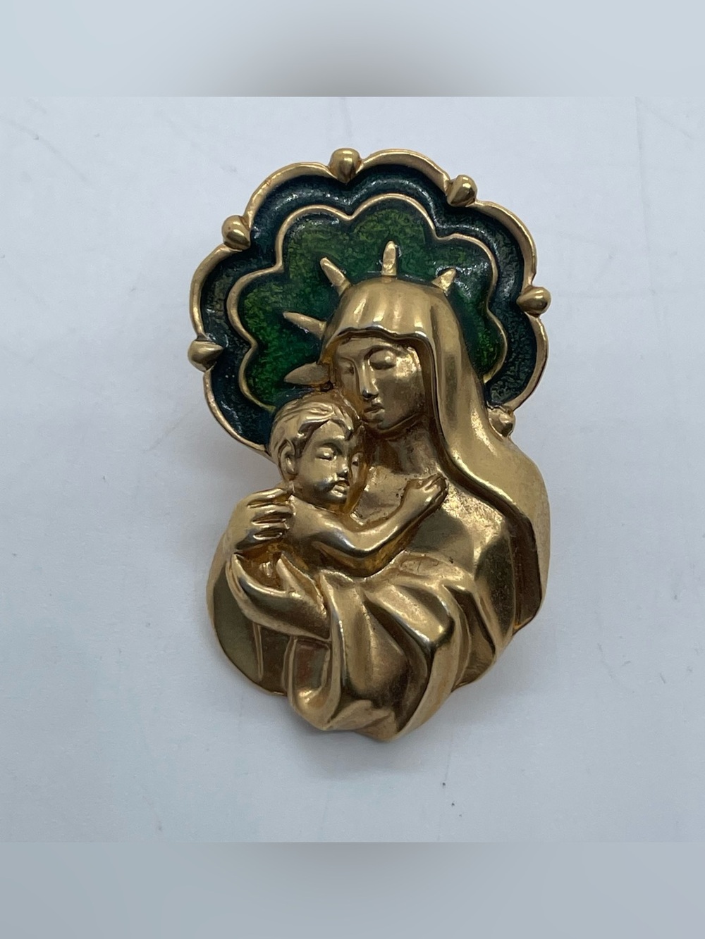 Avon Gold-Tone Madonna & Child Pin with Green Enamel Halo